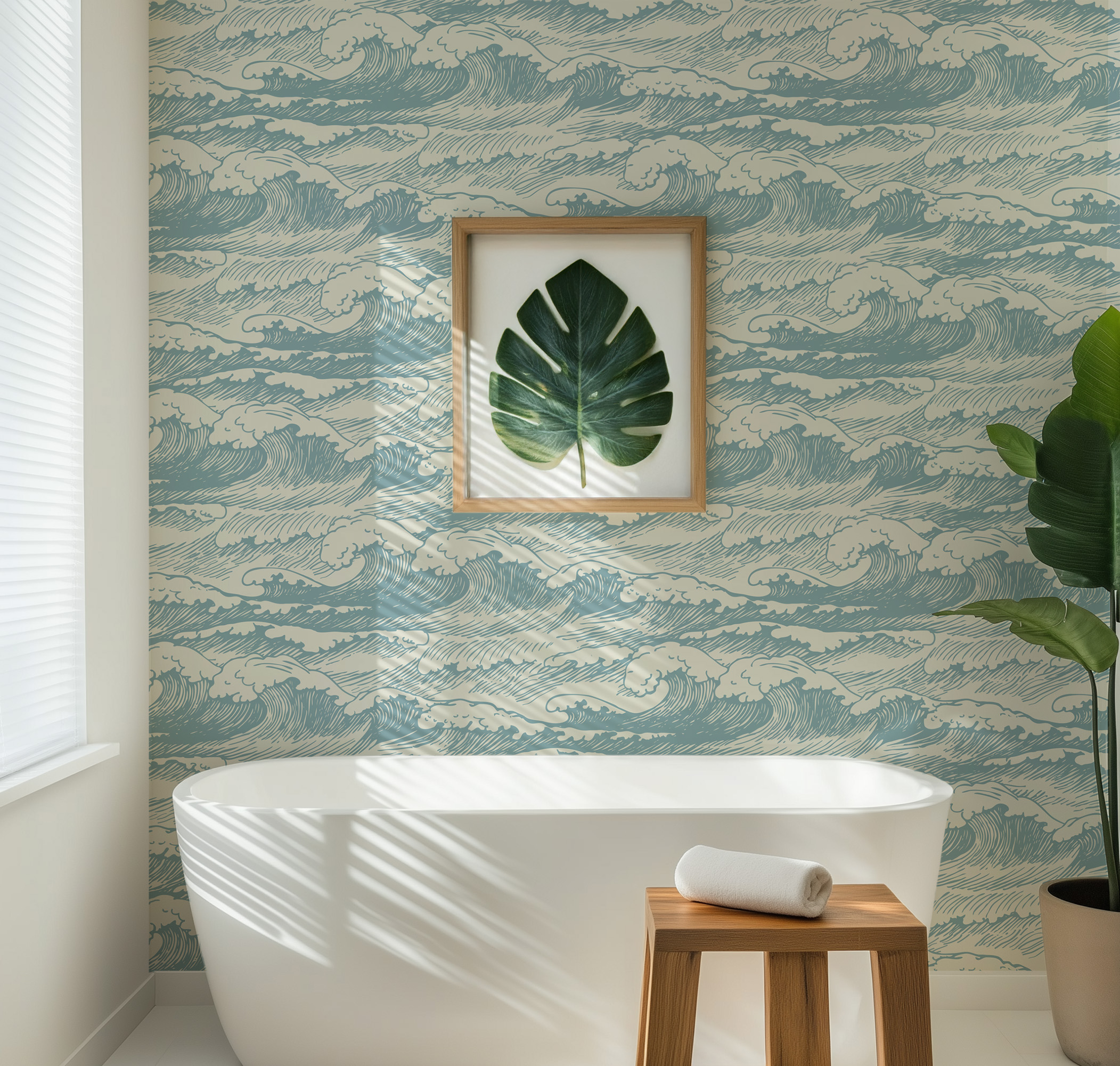 Modern Blue Japanese Wave Peel and Stick Wallpaper, Nautical Ocean Kids Room Wall Mural