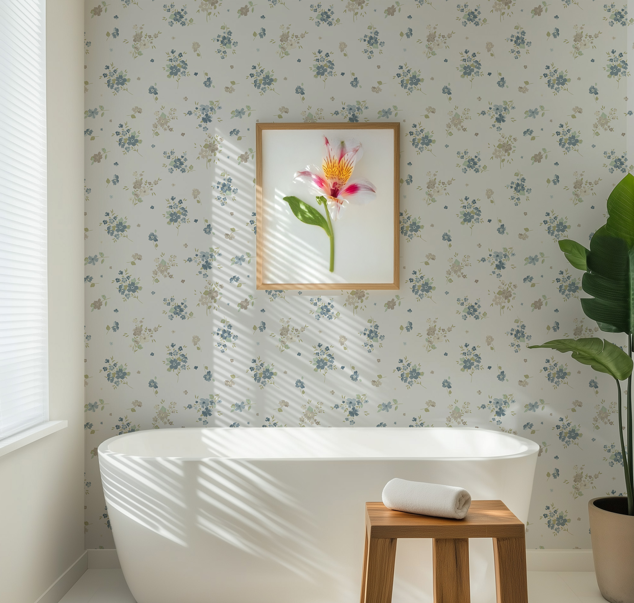 Delicate Petite Blue Floral Peel and Stick Wallpaper, Misty Grey Botanical Wall Mural, Soft Shabby Chic Flower Decor