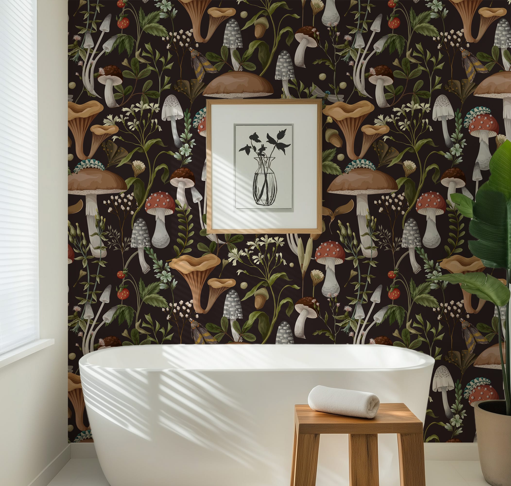 Moody Mushroom and Forest Floor Peel and Stick Wallpaper, Dark Botanical Illustration Wall Mural, Vintage Fungi and Insect Decor