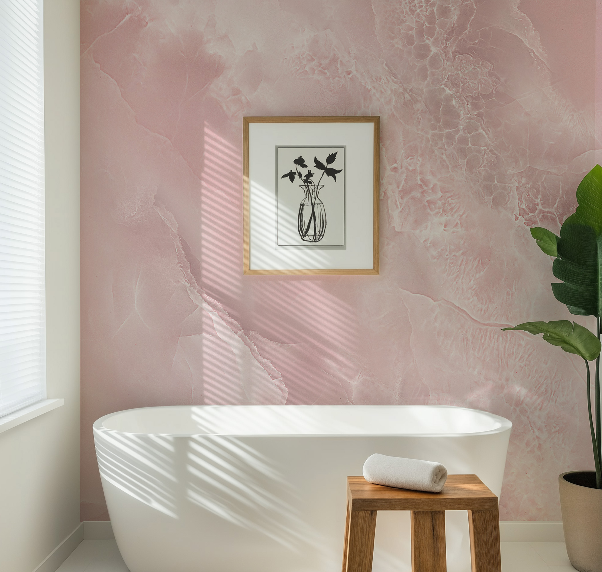 Blush Pink Onyx Marble Peel and Stick Wallpaper, Ethereal Rose Watercolor Faux Stone Mural, Elegant Glam Bathroom Decor