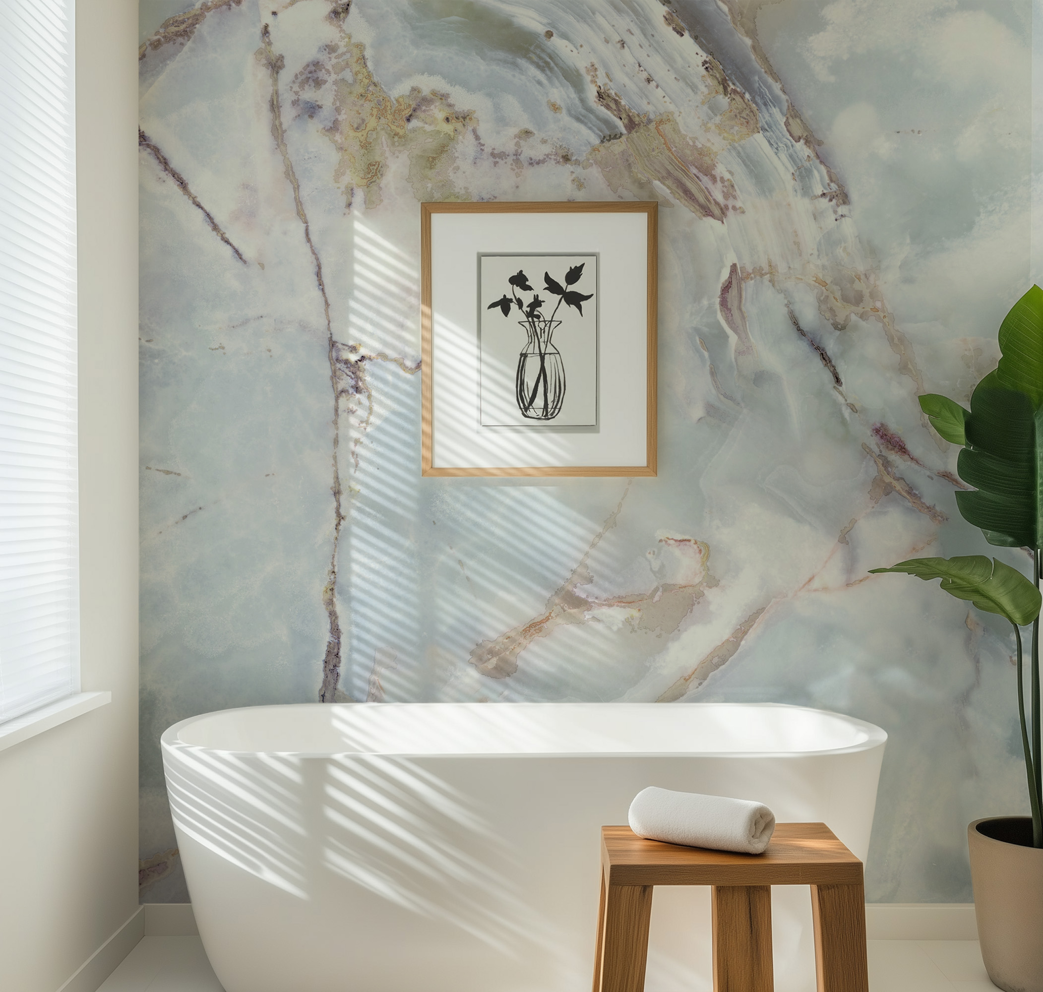 Crystalline Seafoam and Light Blue Onyx Peel and Stick Wallpaper, Luxury Natural Stone Wall Mural, Ethereal Interior Decor