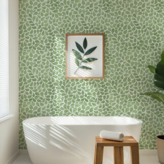 Sage Green Watercolor Leaf Drops Peel and Stick Wallpaper, Modern Botanical Bathroom Wall Mural