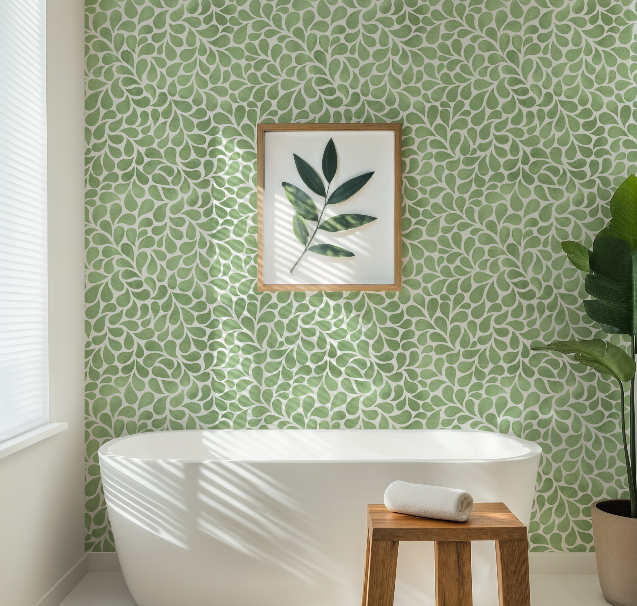 Sage Green Watercolor Leaf Drops Peel and Stick Wallpaper, Modern Botanical Bathroom Wall Mural