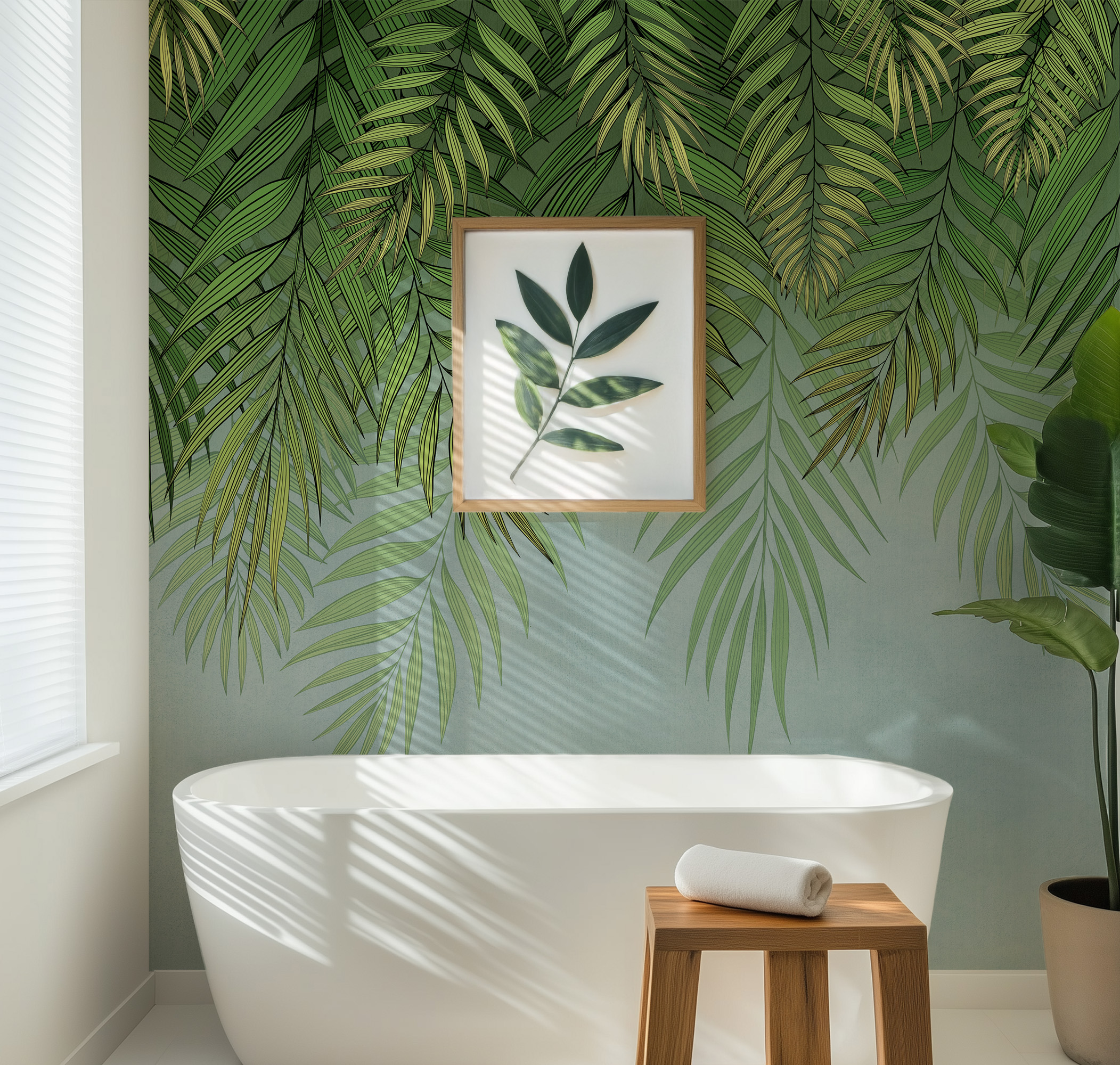 Modern Green Cascading Tropical Palm Leaves Peel and Stick Wallpaper, Botanical Bathroom Wall Mural