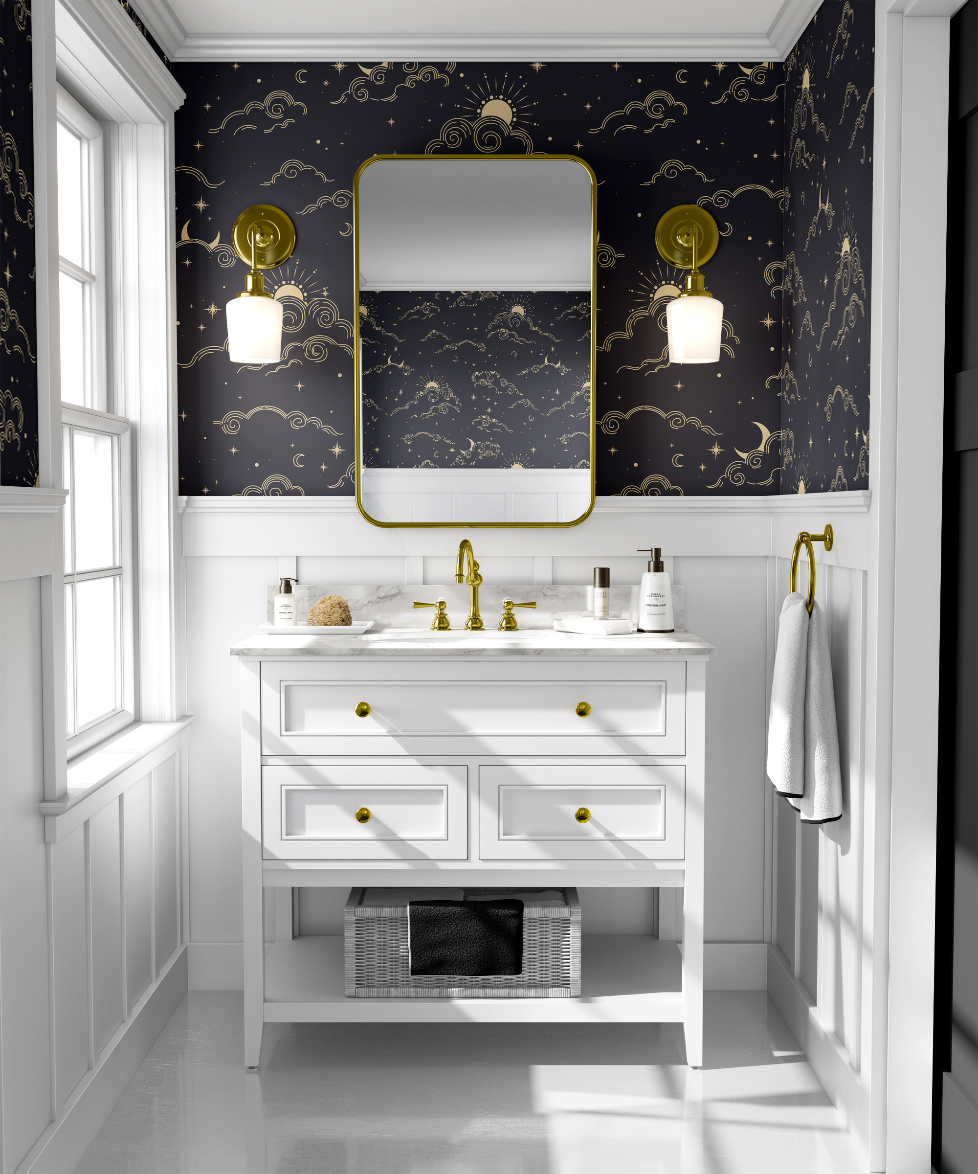 Modern Celestial Gold Cloud and Moon Peel and Stick Wallpaper, Navy Blue Night Sky Wall Mural