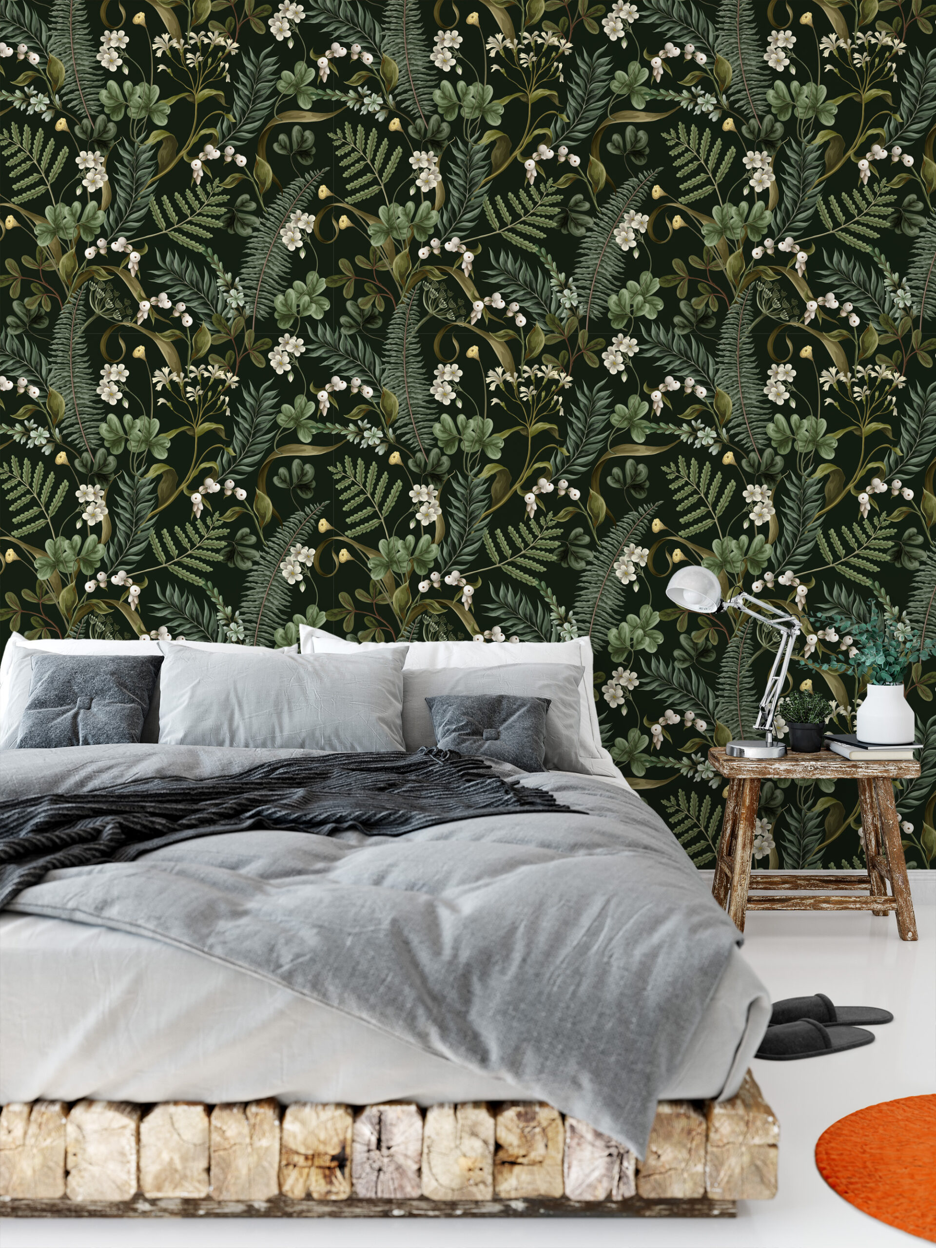 Moody Dark Green Fern and White Berry Peel and Stick Wallpaper, Vintage Botanical Forest Mural, Elegant Dark Academia Wall Decor