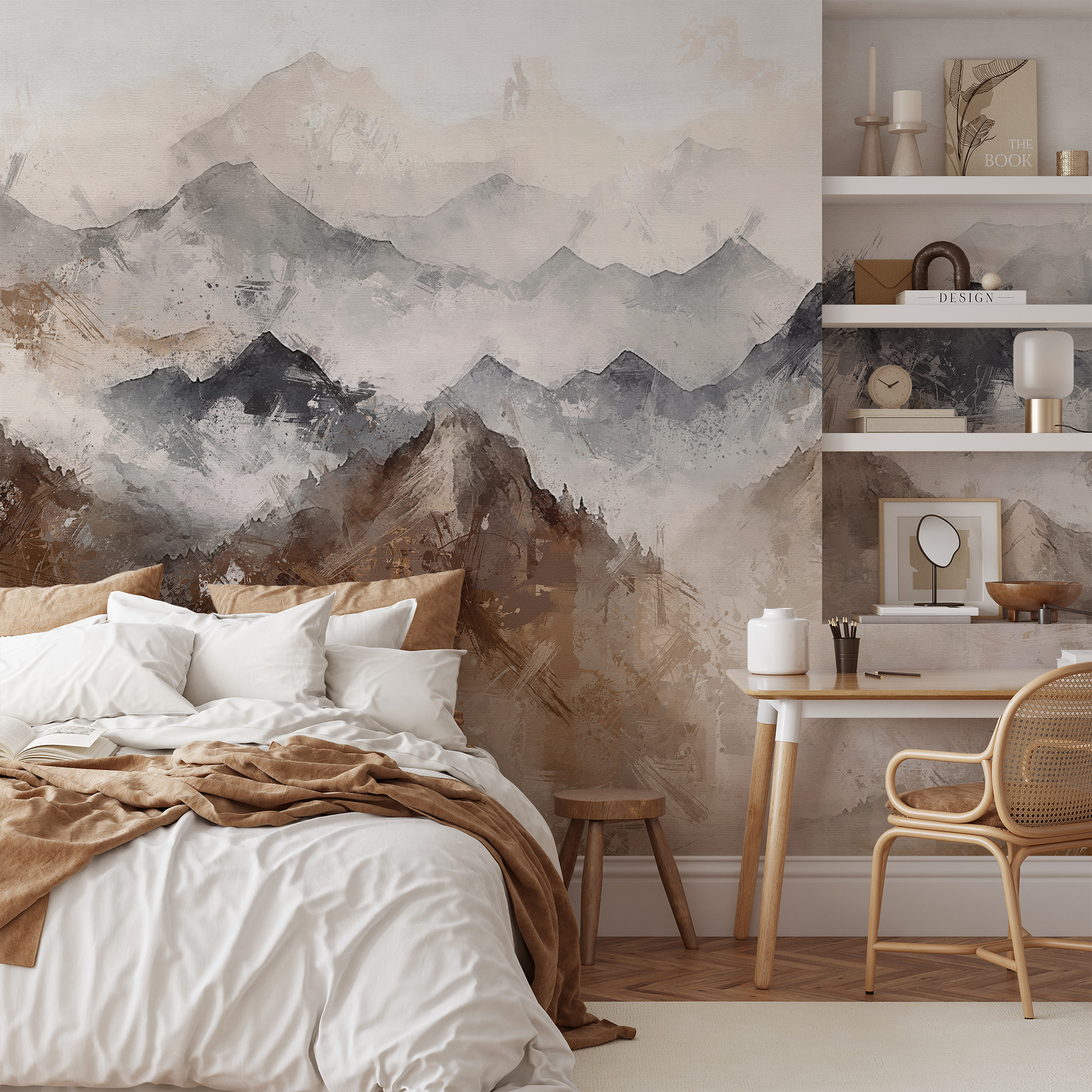 Modern Abstract Earthy Mountain Watercolor Peel and Stick Wallpaper, Rustic Brown and Grey Wall Mural