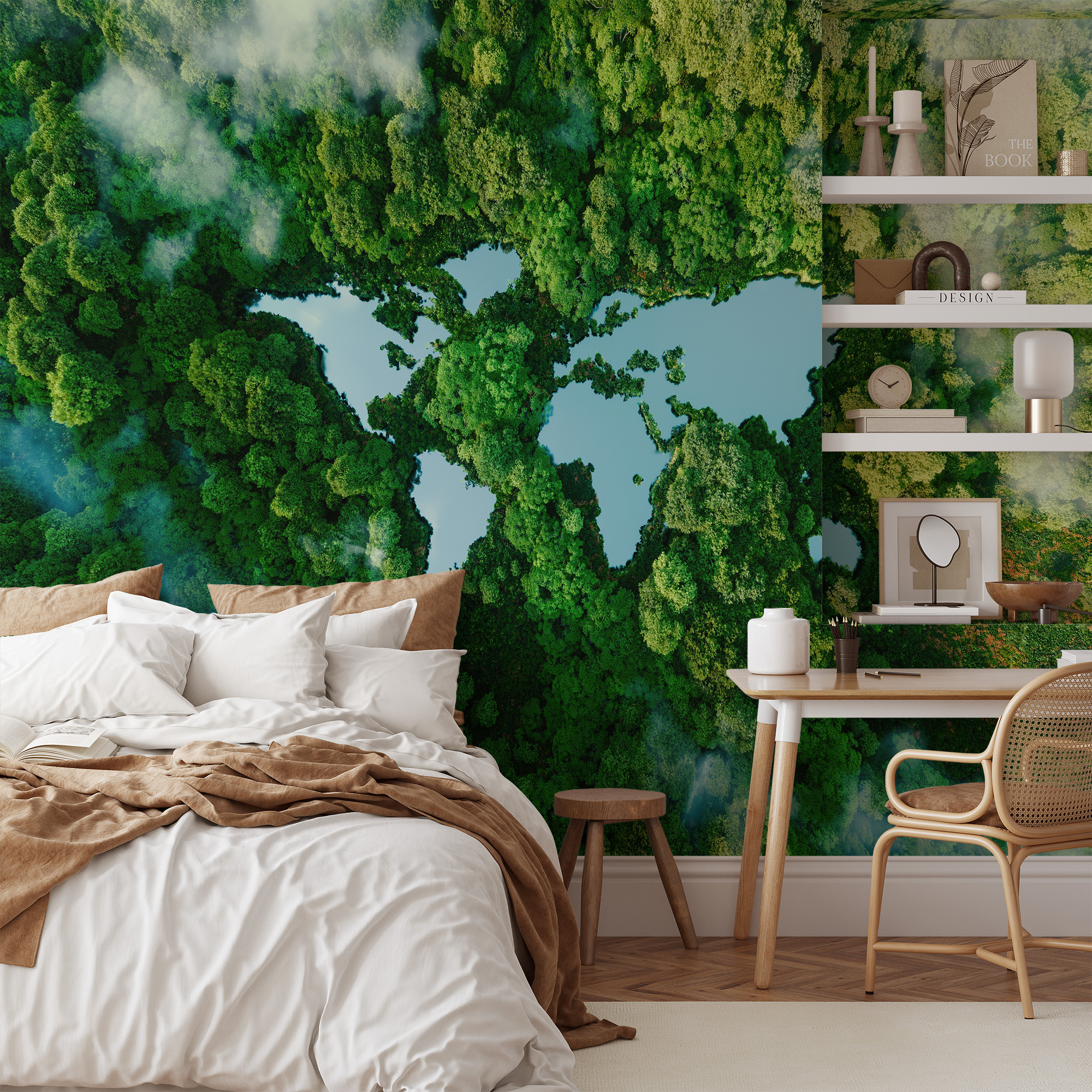 Modern Forest World Map Peel and Stick Wallpaper, Lush Green Global Nature Bathroom Wall Mural