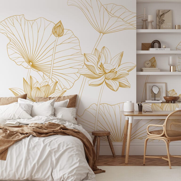 Minimalist Gold Line Art Lotus Peel and Stick Wallpaper, Elegant Zen ...