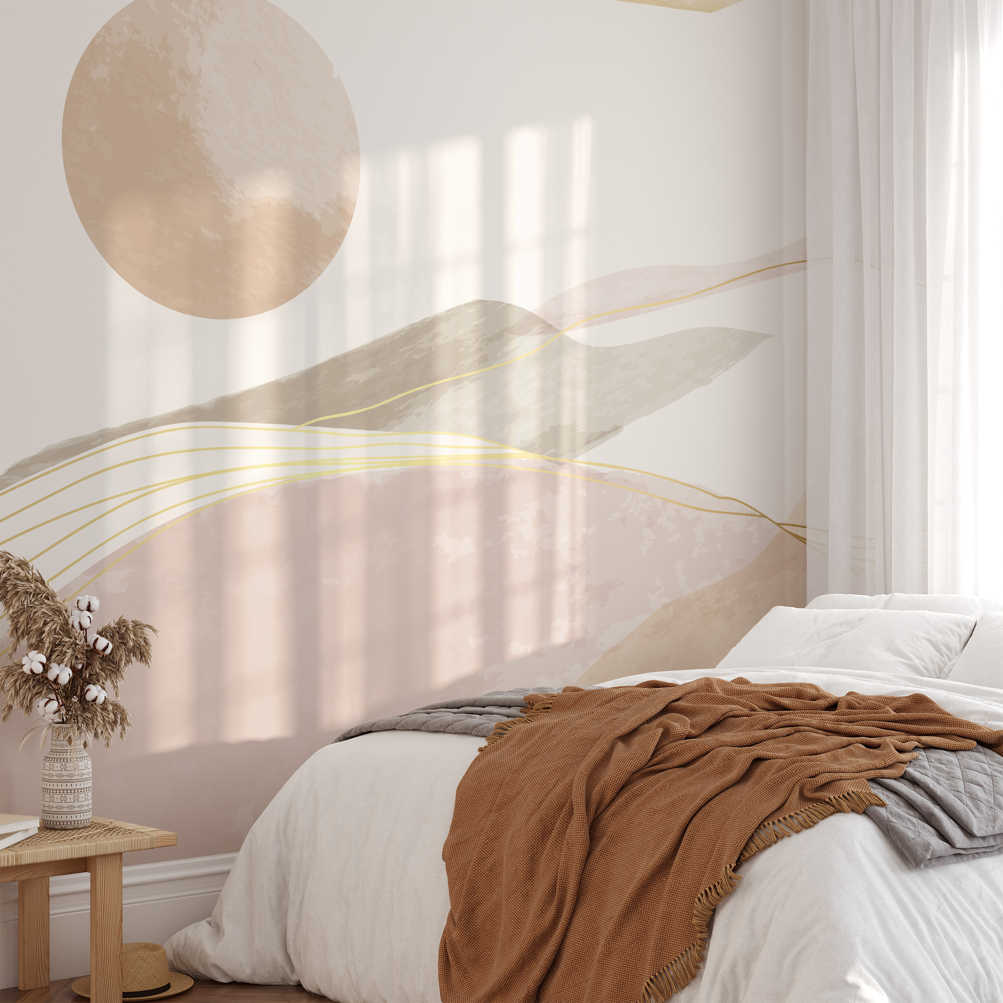 Modern Minimalist Abstract Mountain Landscape Peel and Stick Wallpaper, Soft Blush and Gold Sun Wall Mural