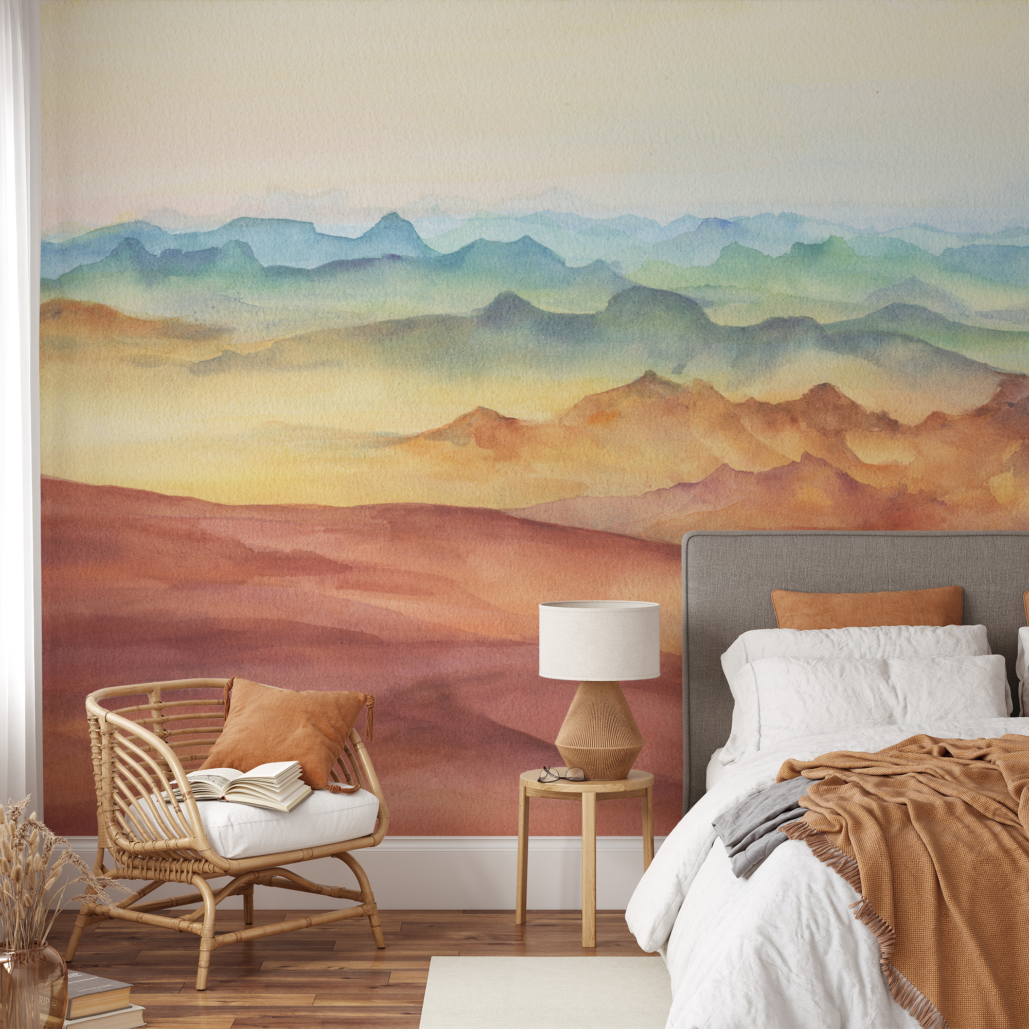 Modern Watercolor Terracotta Mountain Peel and Stick Wallpaper, Abstract Nature Wall Mural