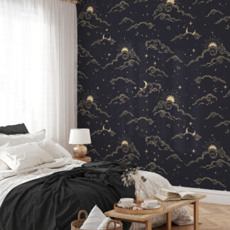 Modern Celestial Gold Cloud and Moon Peel and Stick Wallpaper, Navy Blue Night Sky Wall Mural