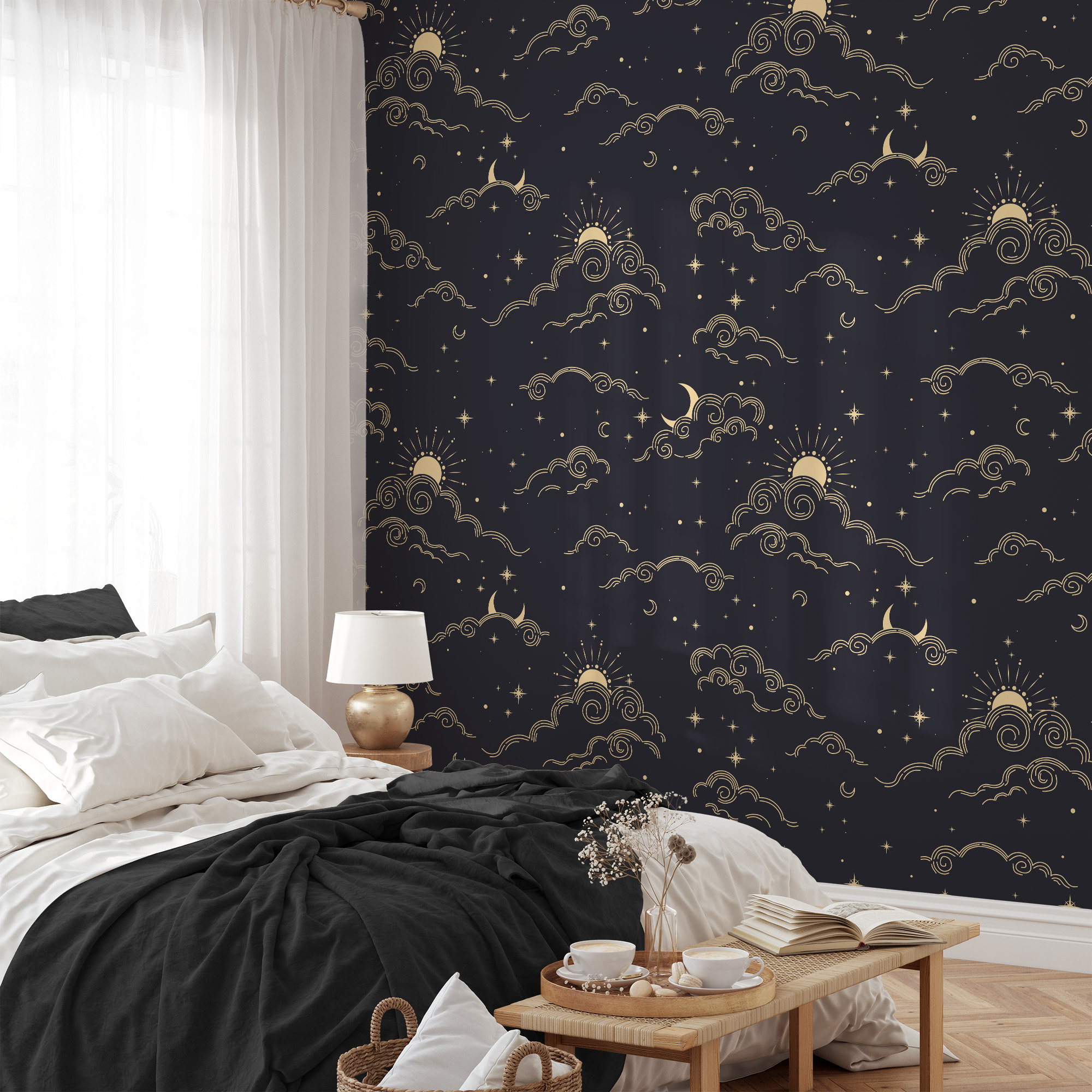 Modern Celestial Gold Cloud and Moon Peel and Stick Wallpaper, Navy Blue Night Sky Wall Mural
