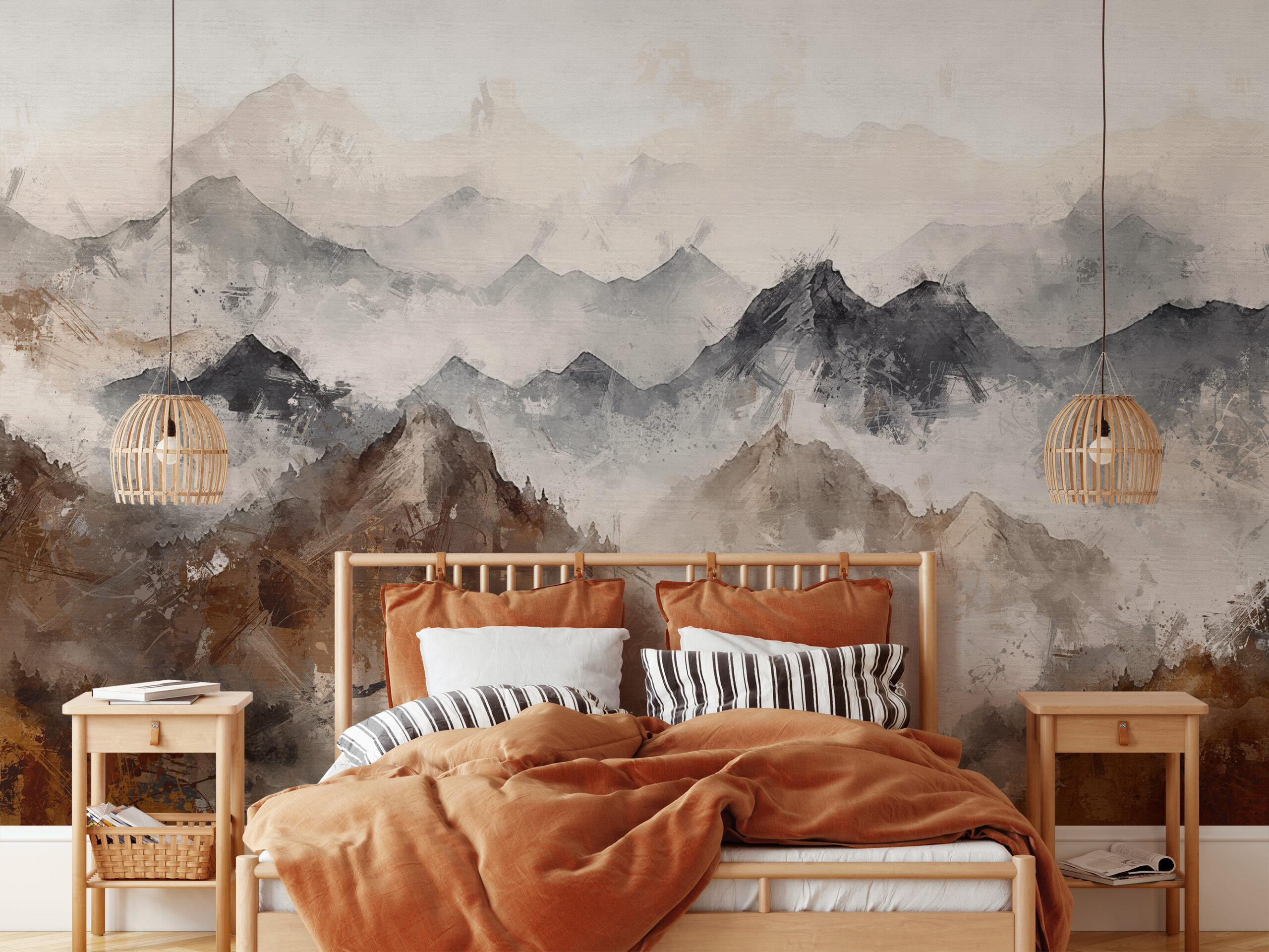 Modern Abstract Earthy Mountain Watercolor Peel and Stick Wallpaper, Rustic Brown and Grey Wall Mural