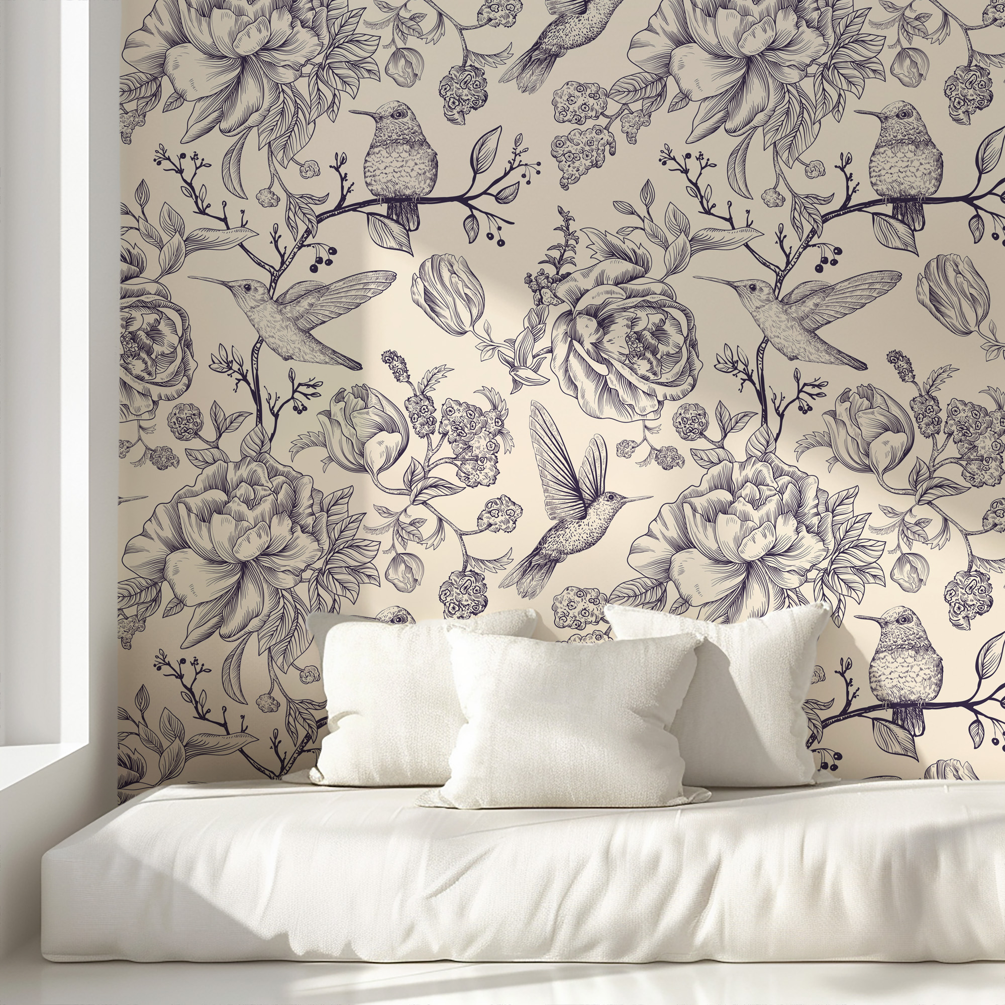 Vintage Hummingbird and Floral Line Art Peel and Stick Wallpaper, Beige Botanical Sketch Wall Mural, Elegant Nature Decor