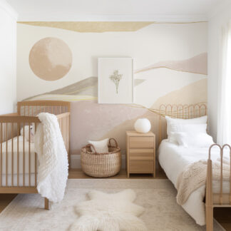 Modern Minimalist Abstract Mountain Landscape Peel and Stick Wallpaper, Soft Blush and Gold Sun Wall Mural