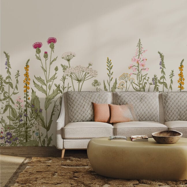 Meadow Wildflower Botanical Line Art Peel and Stick Wallpaper, Beige ...
