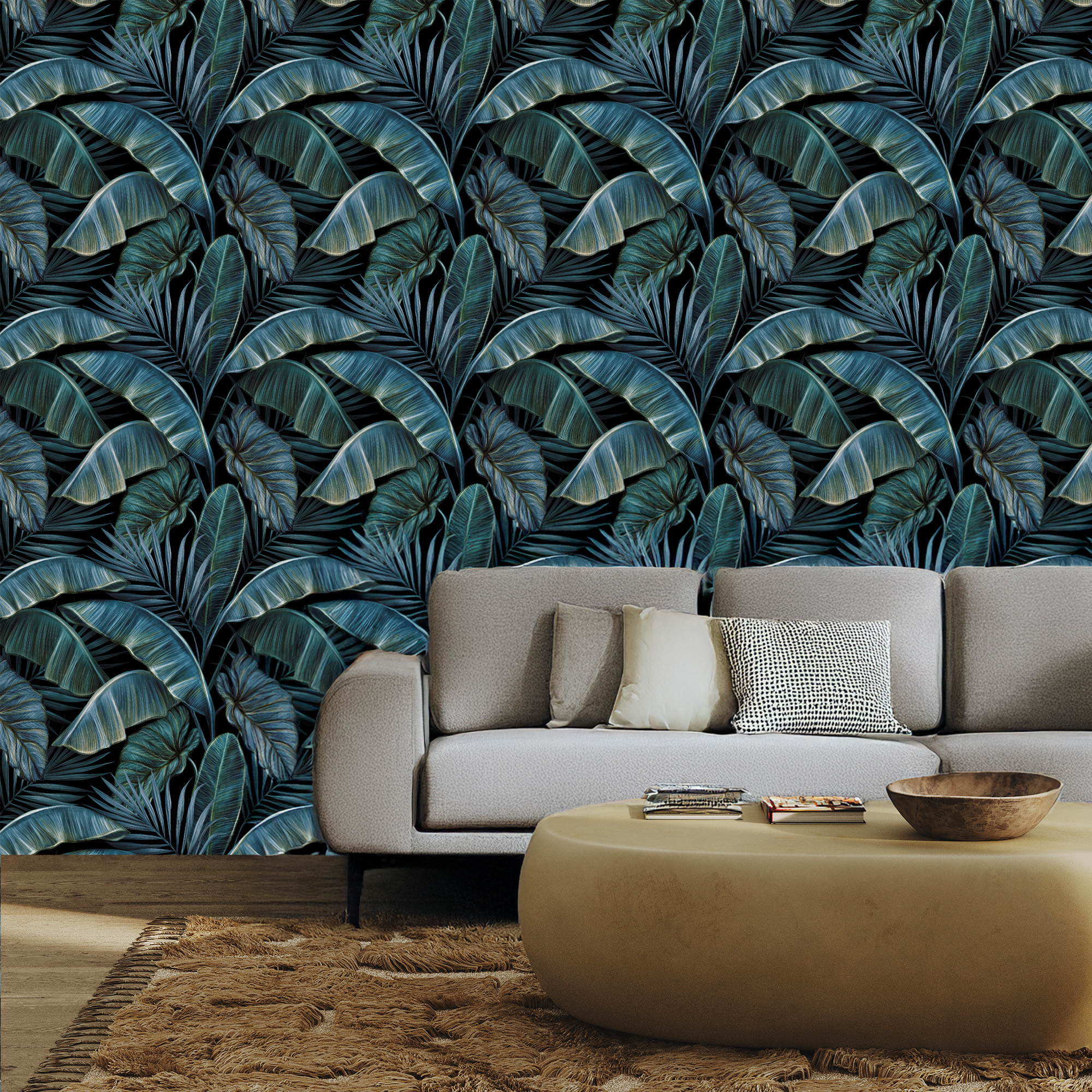 Luxury Moody Dark Teal and Navy Tropical Leaf Peel and Stick Wallpaper, Bold Botanical Palm Wall Mural