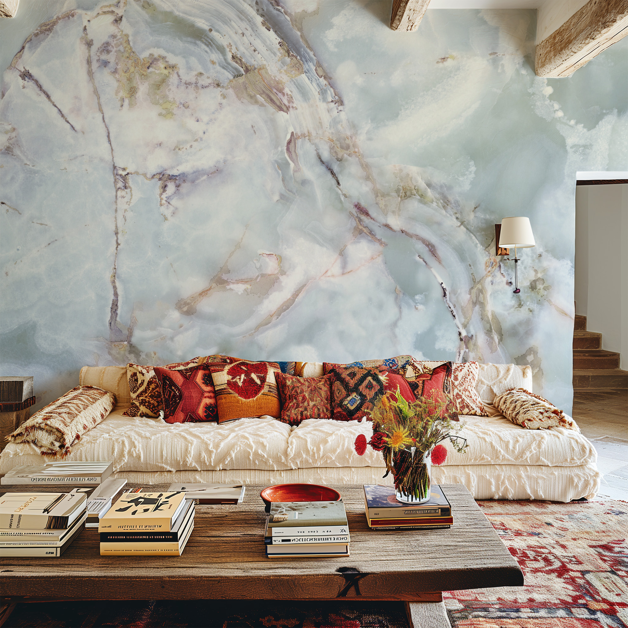 Crystalline Seafoam and Light Blue Onyx Peel and Stick Wallpaper, Luxury Natural Stone Wall Mural, Ethereal Interior Decor