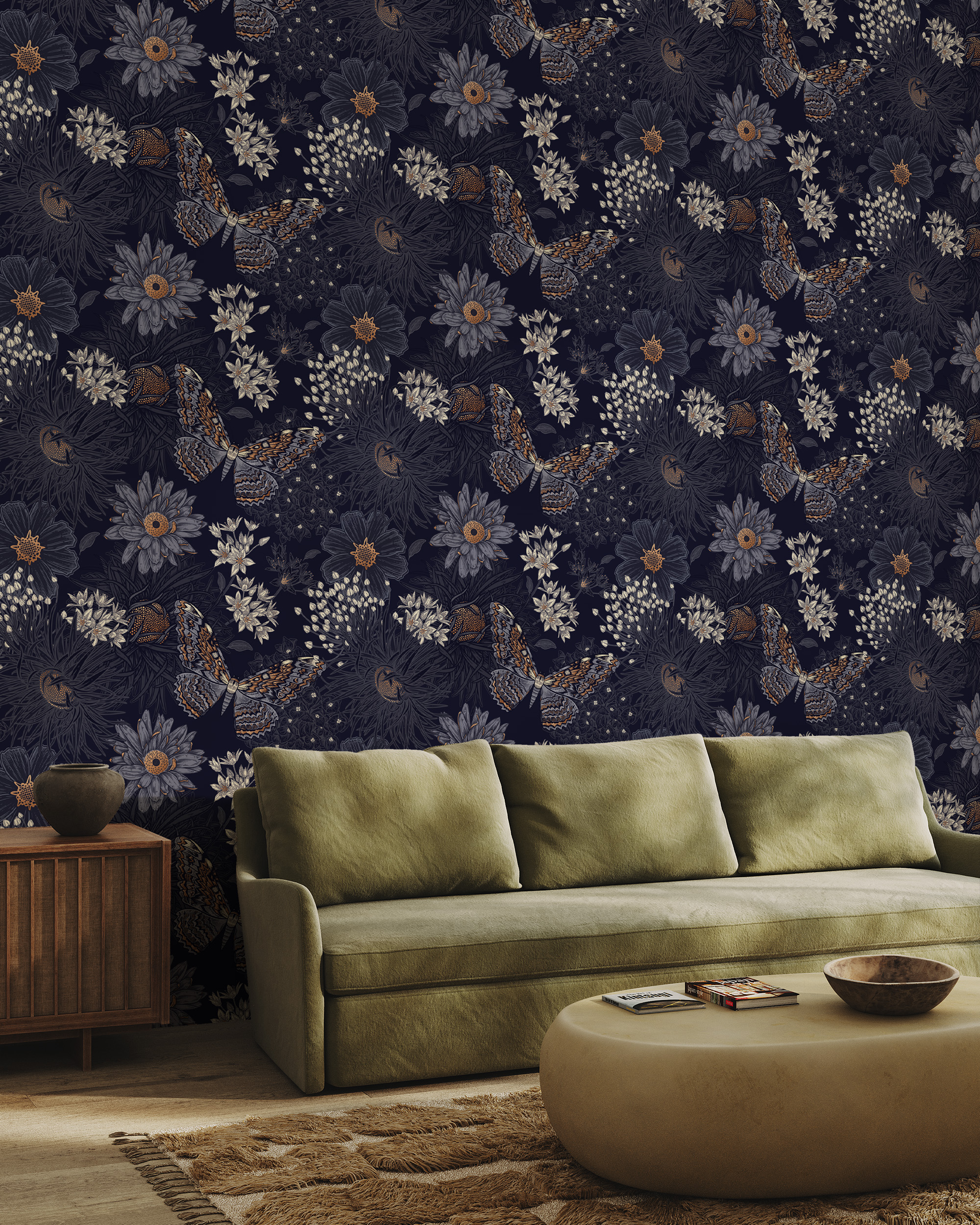 Dark Purple Butterfly and Floral Peel and Stick Wallpaper, Vintage Botanical Sketch Wall Mural, Moody Mystical Nature Decor