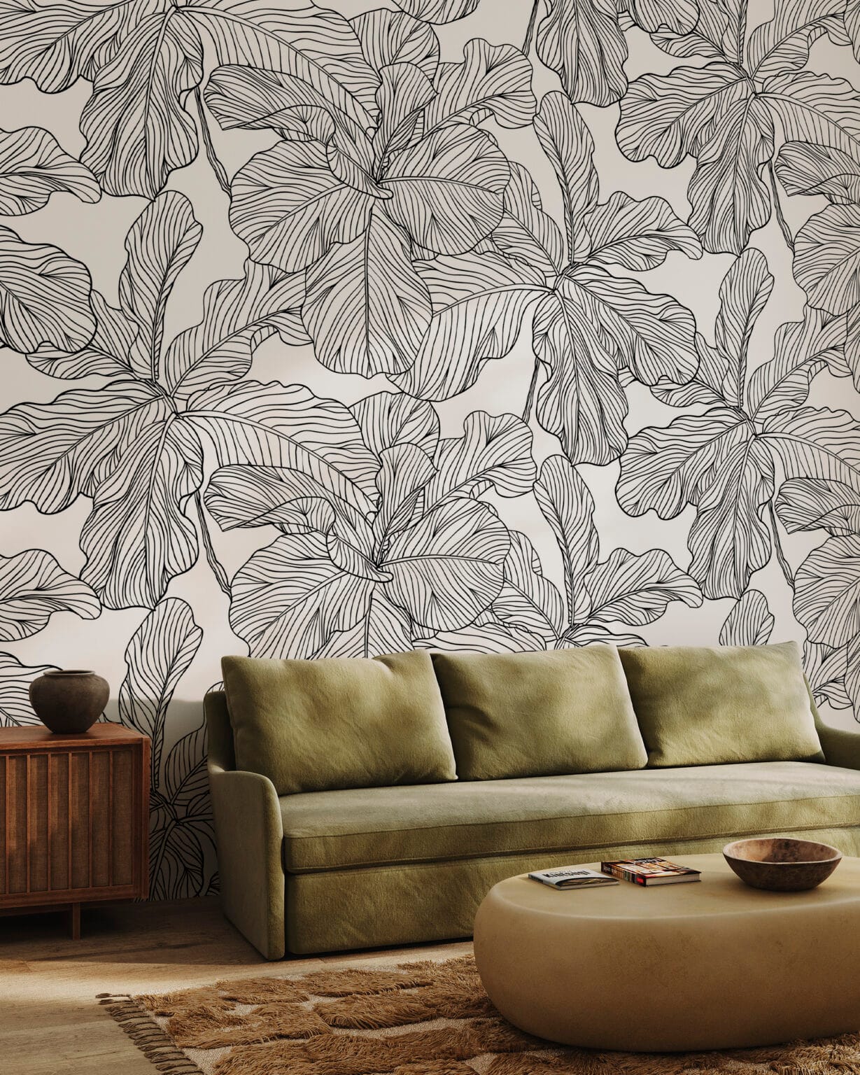 Minimalist Black and White Leaf Line Art Peel and Stick Wallpaper ...