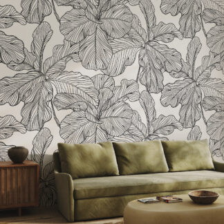 Minimalist Black and White Leaf Line Art Peel and Stick Wallpaper, Large Scale Botanical Wall Mural, Modern Tropical Interior Decor