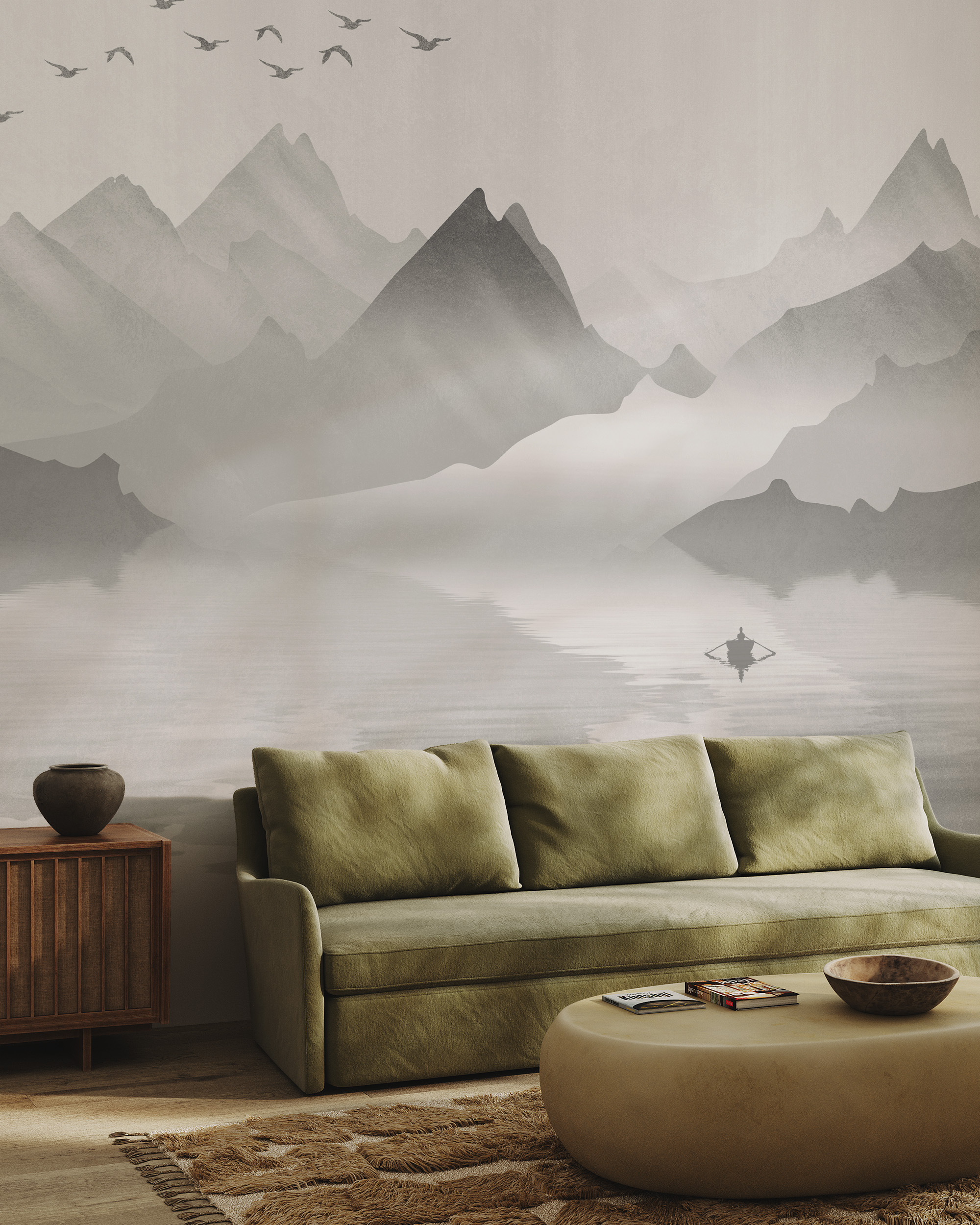 Modern Misty Mountain Lake Peel and Stick Wallpaper, Serene Sepia Nature Living Room Wall Mural