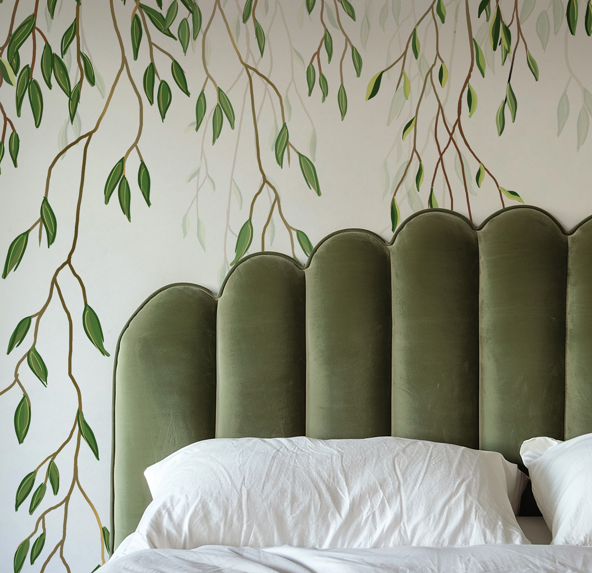 Watercolor Willow Branches and Birds Peel and Stick Wallpaper, Serene Nature Bathroom Wall Mural