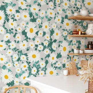 White Daisy Floral Peel and Stick Wallpaper, Minimalist Yellow and White Flower Wall Mural, Bright Retro Botanical Decor