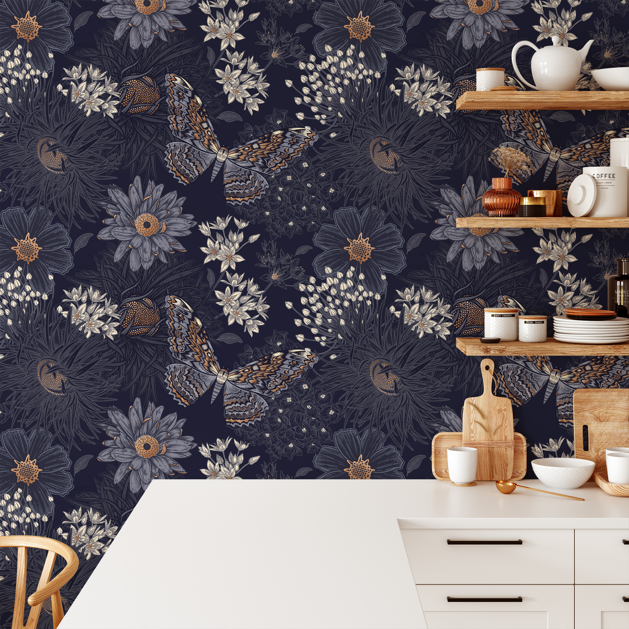 Dark Purple Butterfly and Floral Peel and Stick Wallpaper, Vintage Botanical Sketch Wall Mural, Moody Mystical Nature Decor