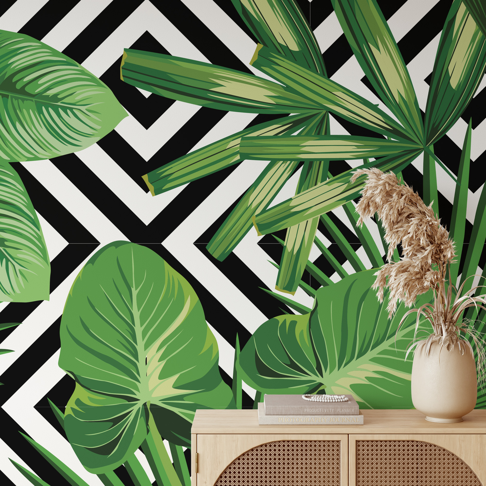 Modern Tropical Green Leaves and Geometric Diamond Peel and Stick Wallpaper, Bold Botanical Wall Mural