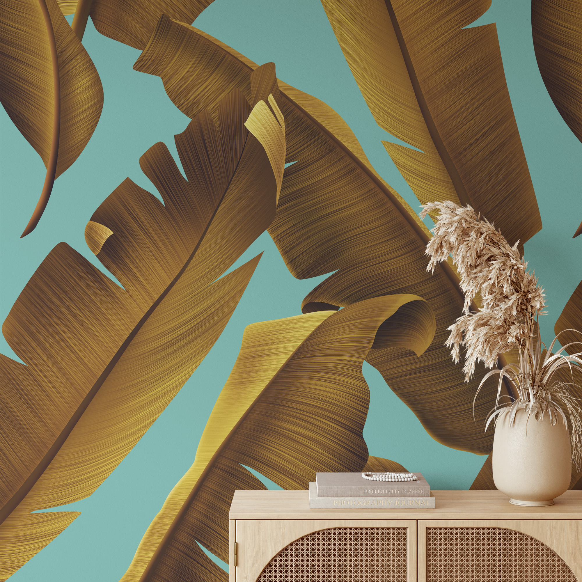 Modern Golden-Brown Banana Leaf Peel and Stick Wallpaper, Bold Teal Tropical Botanical Wall Mural