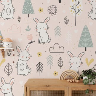 Cute Bunny and Woodland Trees Pink Nursery Peel and Stick Wallpaper, Whimsical Rabbit Kids Wall Mural