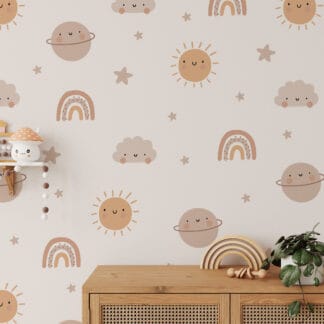 Happy Boho Space and Galaxy Nursery Peel and Stick Wallpaper, Neutral Terracotta Planet Wall Mural for Kids Room