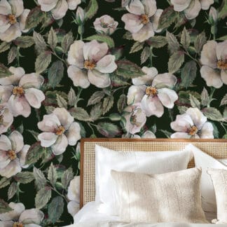 Moody White Rose Dark Floral Peel and Stick Wallpaper, Vintage Botanical Wall Mural, Elegant Black and White Flower Decor