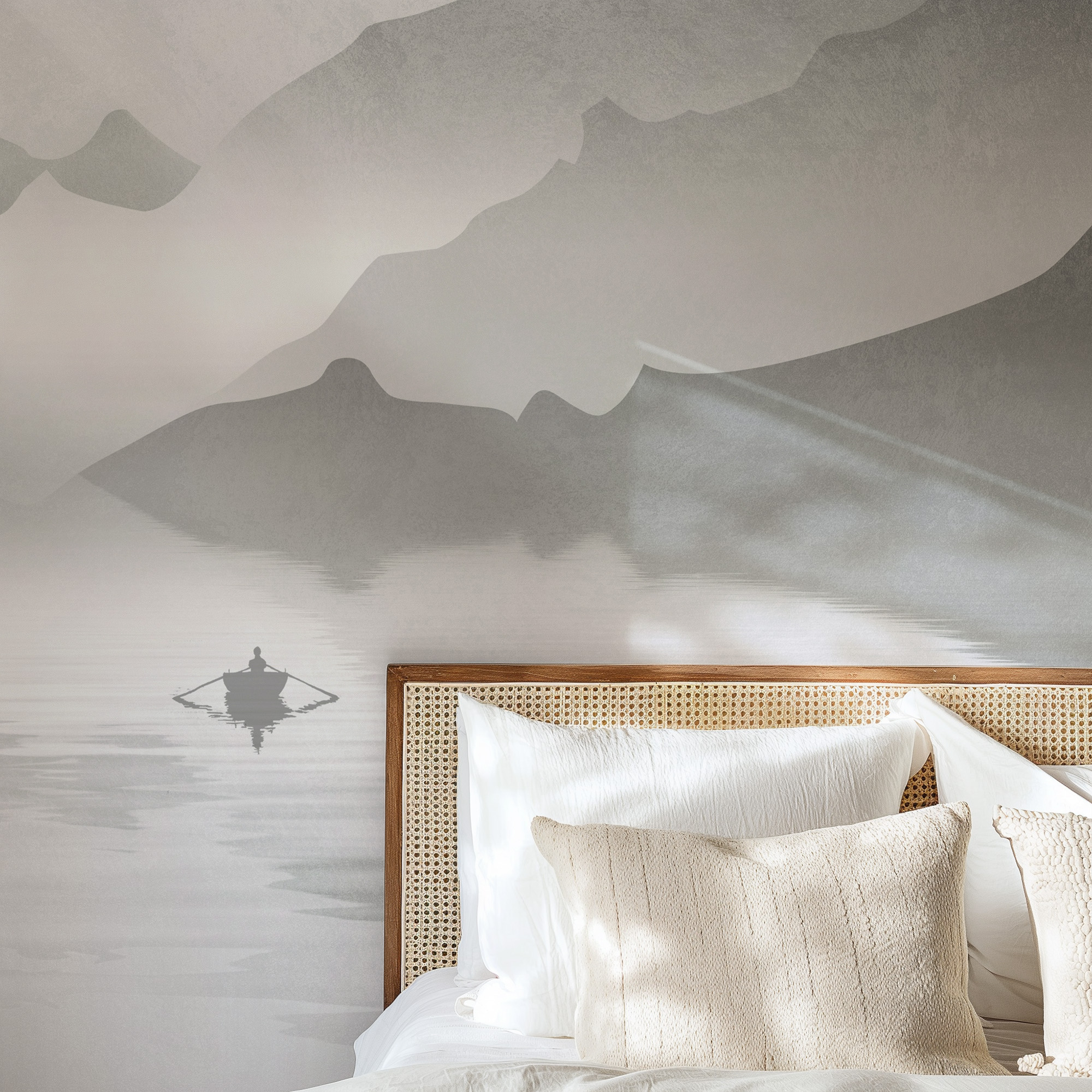 Modern Misty Mountain Lake Peel and Stick Wallpaper, Serene Sepia Nature Living Room Wall Mural