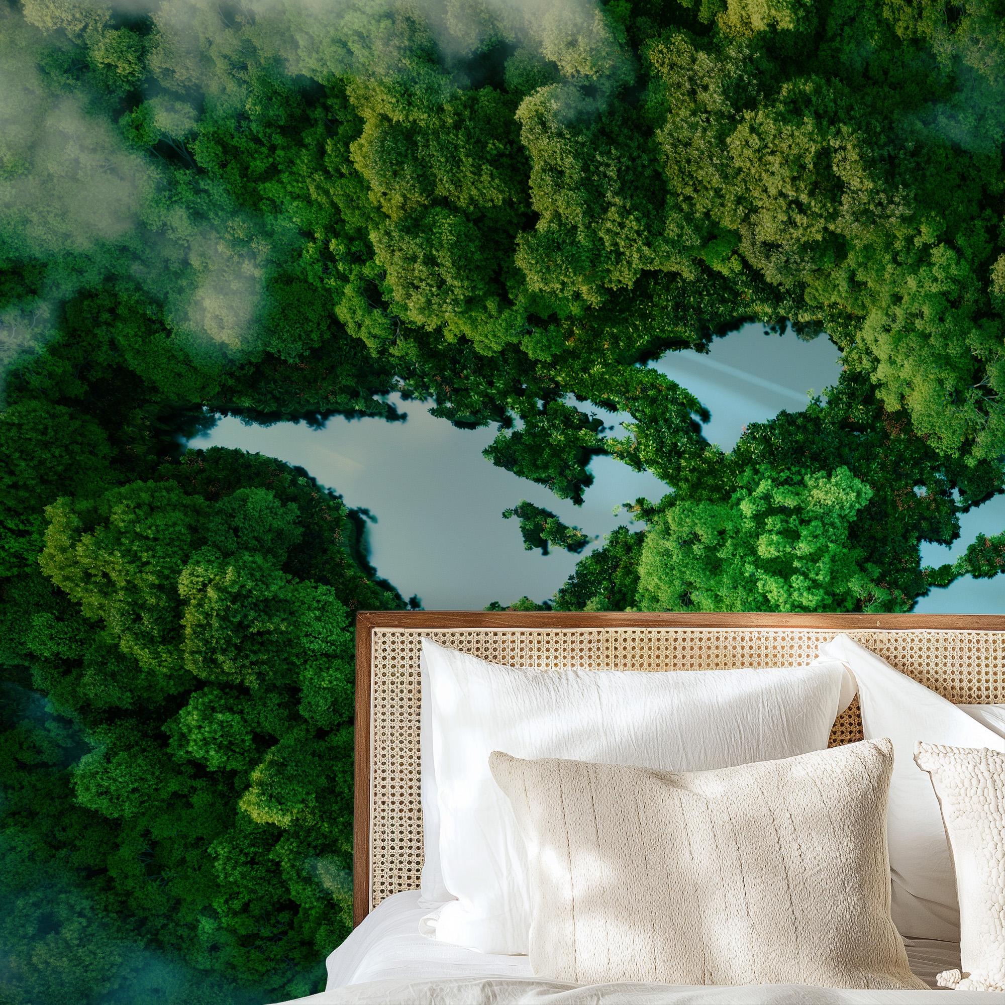 Modern Forest World Map Peel and Stick Wallpaper, Lush Green Global Nature Bathroom Wall Mural