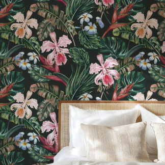 Tropical Floral Orchid Wallpaper, Dark Green Lush Jungle Wall Mural, Pink Orchid Peel and Stick Wall Decor