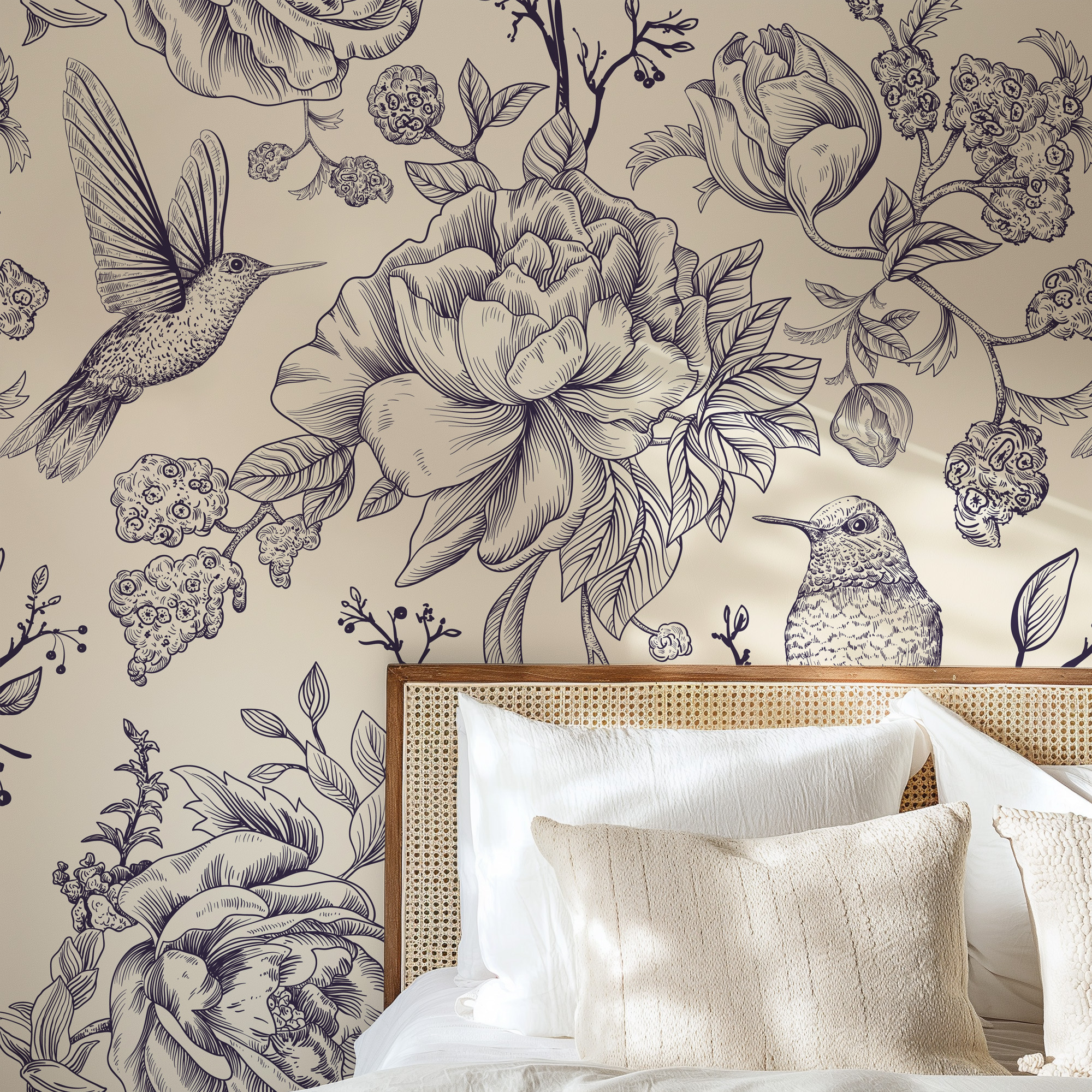 Vintage Hummingbird and Floral Line Art Peel and Stick Wallpaper, Beige Botanical Sketch Wall Mural, Elegant Nature Decor