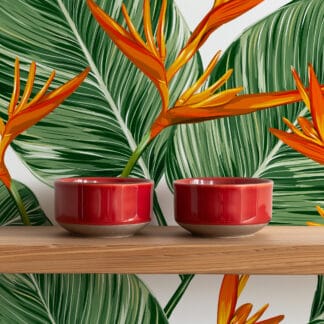 Modern Tropical Bird of Paradise Leaf Peel and Stick Wallpaper, Bold Green and Orange Botanical Wall Mural