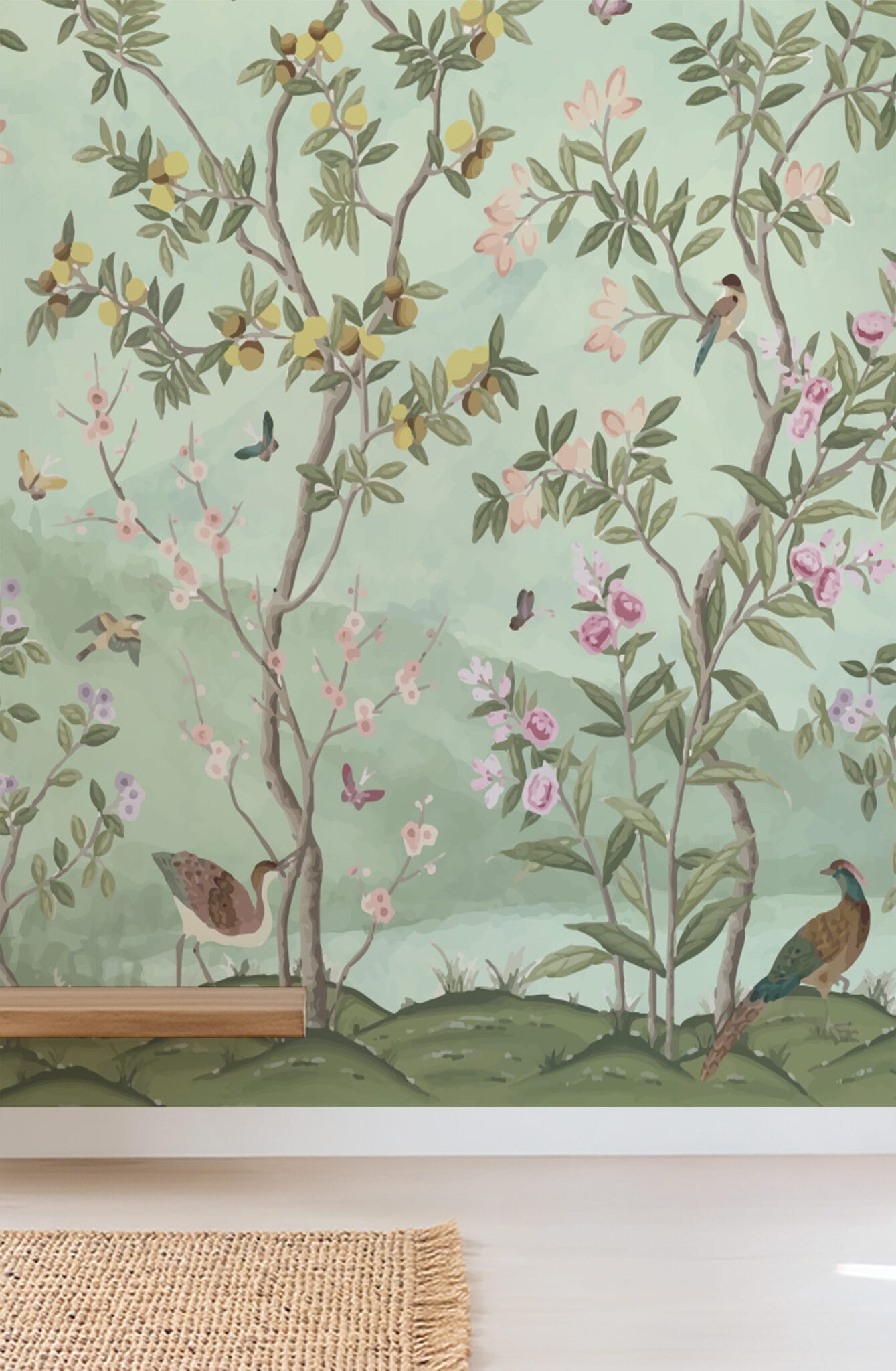Mint Green Chinoiserie Bird and Fruit Tree Peel and Stick Wallpaper ...