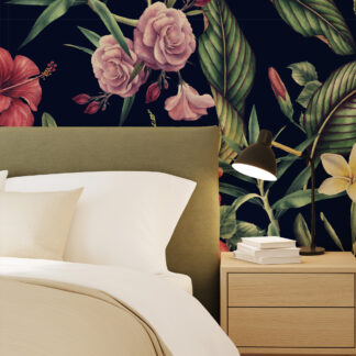 Moody Navy Tropical Floral Peel and Stick Wallpaper, Dark Botanical Hibiscus and Rose Wall Mural, Exotic Nature Entryway Decor