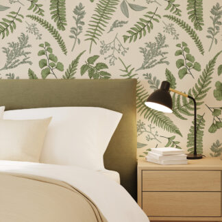 Vintage Botanical Fern and Forest Foliage Peel and Stick Wallpaper, Modern Sage Green Nature Wall Mural