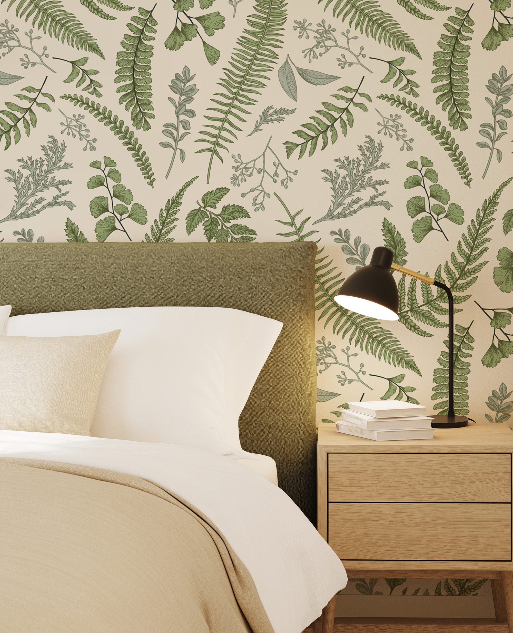 Vintage Botanical Fern and Forest Foliage Peel and Stick Wallpaper, Modern Sage Green Nature Wall Mural