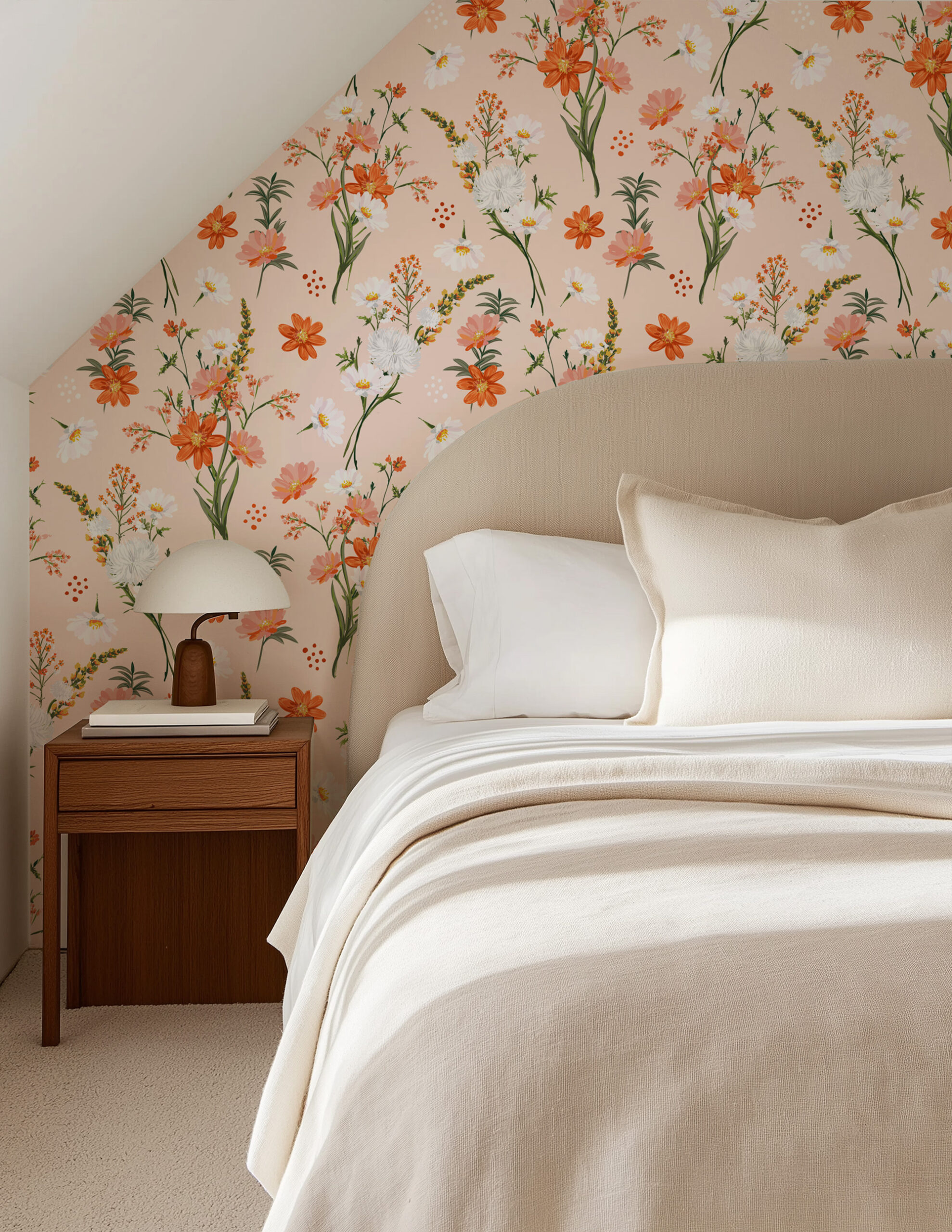 Warm Peach Wildflower Peel and Stick Wallpaper for Office, Elegant Botanical Meadow Wall Mural, Orange and White Floral Decor