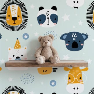 Cute Animal Faces Kids Wallpaper Peel and Stick, Playful Nursery Wall Mural, Illustrative Lion Panda Koala Giraffe Decor