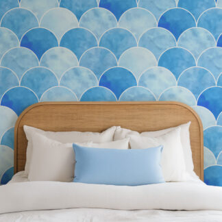 Blue Watercolor Scallop Fish Scale Peel and Stick Wallpaper, Modern Coastal Laundry Room Decor, Serene Ocean Wave Wall Mural