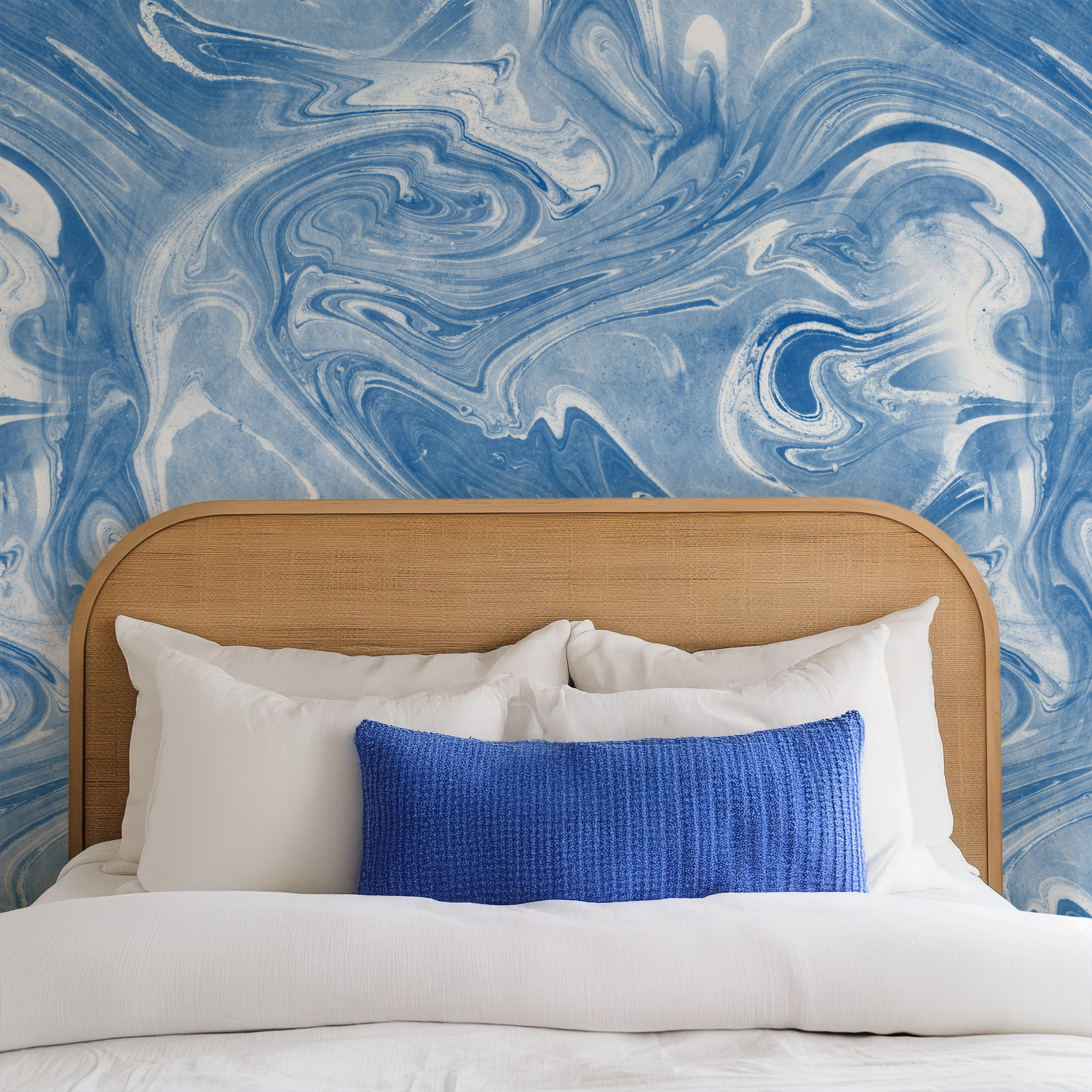 Azure Blue and White Fluid Marble Ink Peel and Stick Wallpaper, Suminagashi Style Wall Mural, Modern Artistic Interior