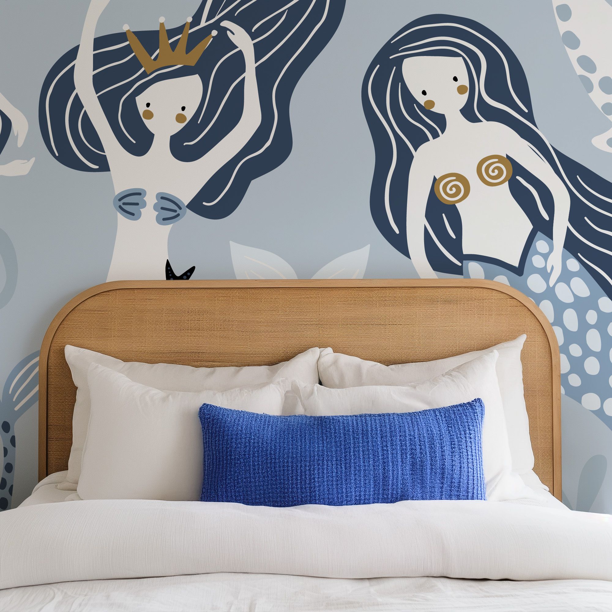 Blue Mermaid and Dolphin Nursery Peel and Stick Wallpaper, Nautical Ocean Kids Wall Mural, Under the Sea Decor