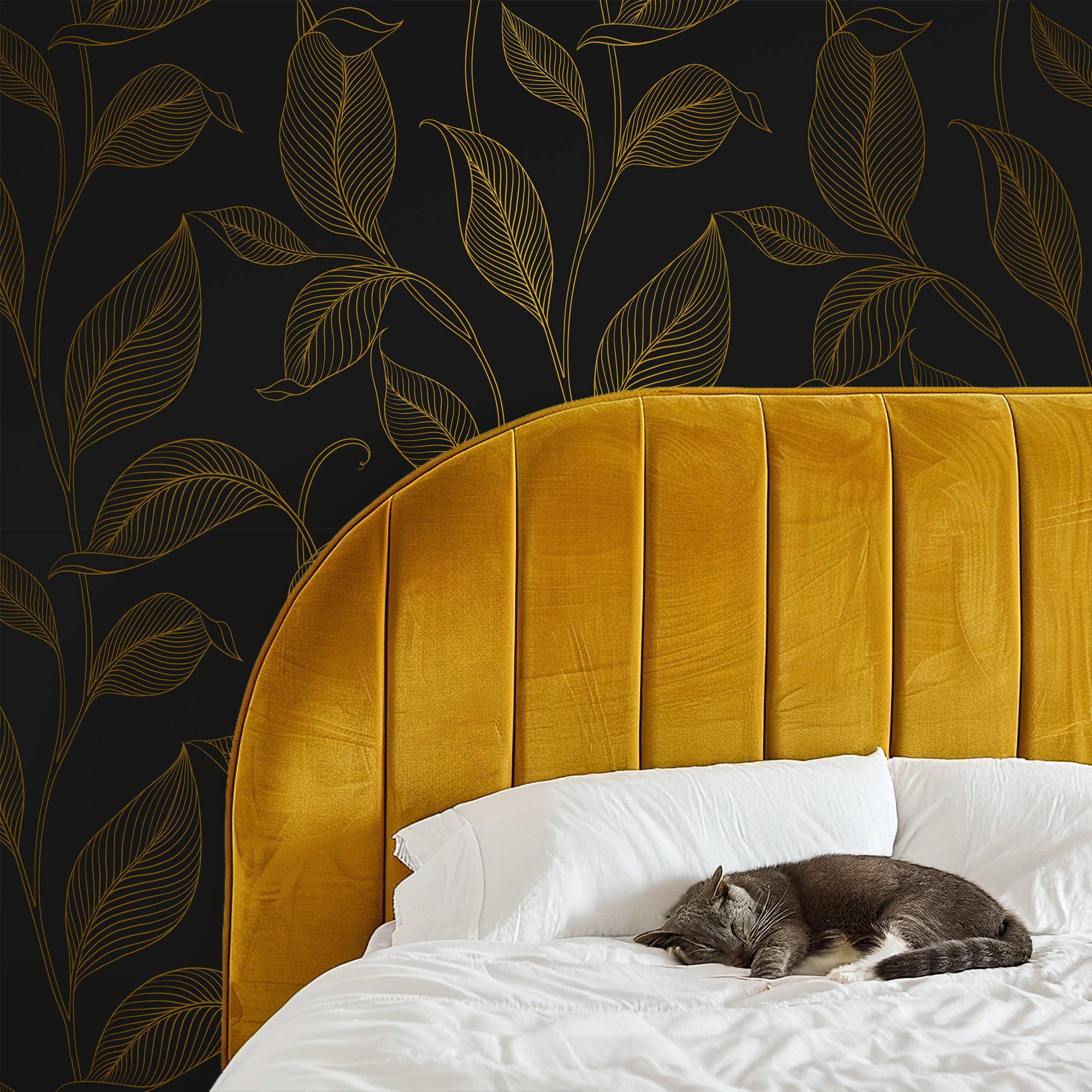 Luxury Black and Gold Botanical Leaf Line Art Peel and Stick Wallpaper, Modern Nature Living Room Wall Mural